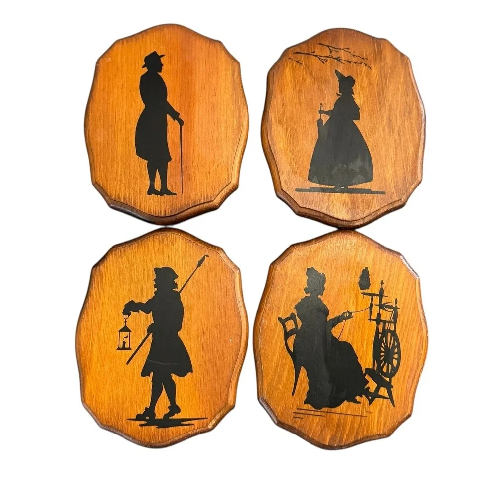 Colonial Silhouette Wood Wall Plaques Set of 4 Black Gold Americana Vintage